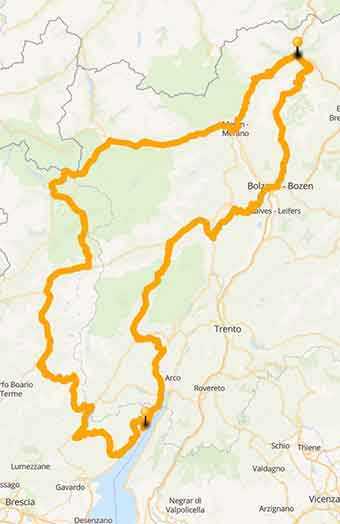 Map Stelvio pass, Strada della Forra road, and Lake Garda Tour