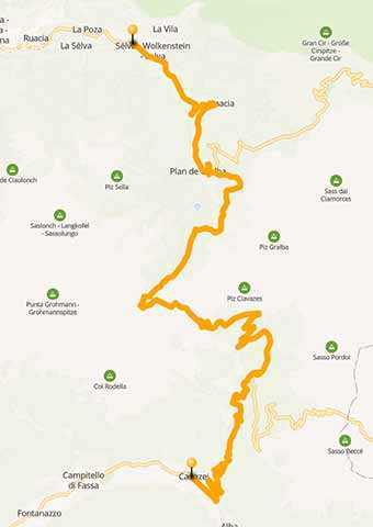 Map Motorcycle tour on the winding road to Sella pass, Dolomites