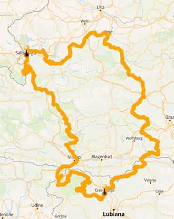 Map On the winding Alpine roads in Austria, Slovenia and Germany