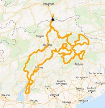 Map Motorcycle ride crossing all the Dolomite mountain groups