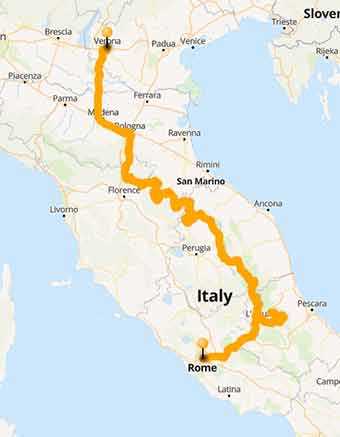 Map Verona - Rome a motorcycle tour crossing the Apennines
