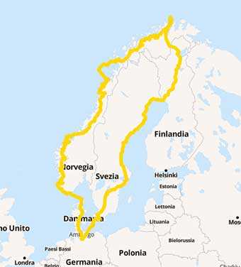 Map Nordkapp on roads among the fjords and Santa Claus Village