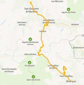 Map Briançon to Montvernier, passing through mountain passes